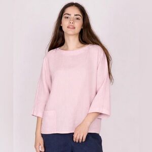 BULGARIAN LINEN SHIRT 100% 3/4 SLEEVES POCKETS LIGHT PALE PINK NEW NWOT UKRAINE